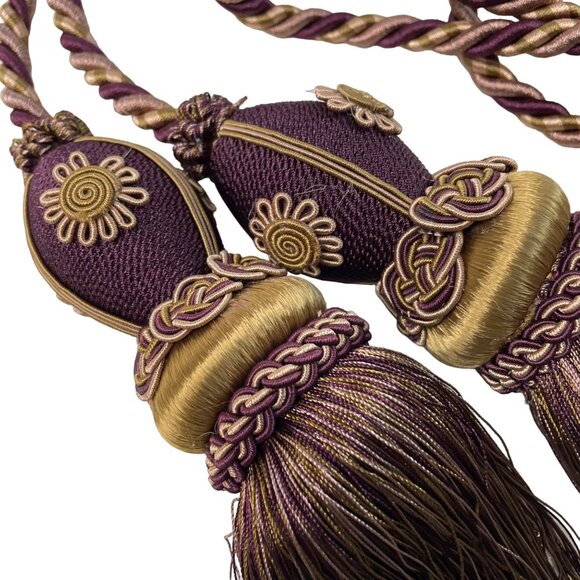 Large Curtain Tieback Fringe Tassel Hollywood Regency 11in Burgundy Gold Set u - Picture 1 of 8